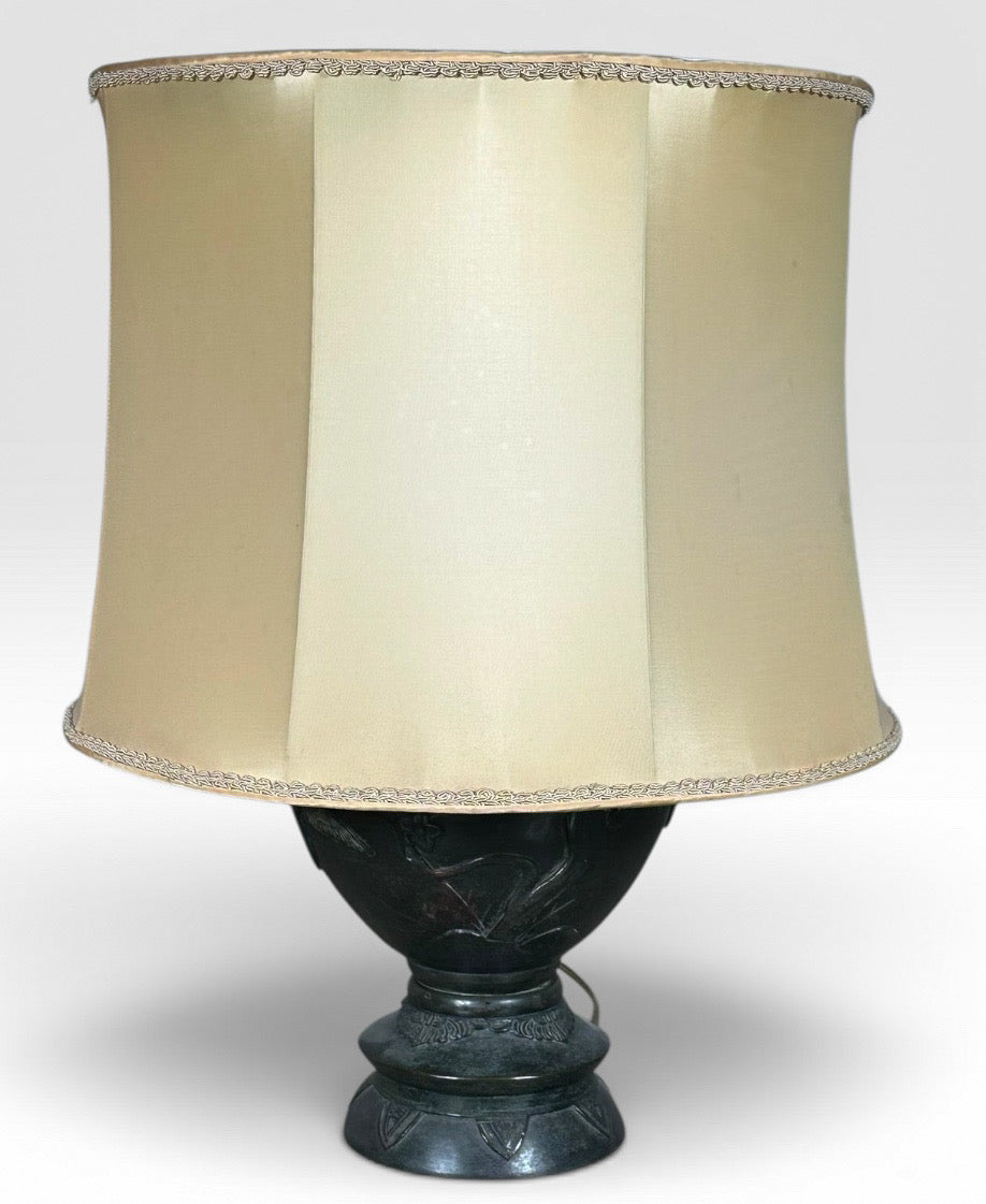 Antique Japanese Meiji Period Patinated Bronze Vase Table Lamp With High Relief Bird And Flower Silk Pagoda Shade