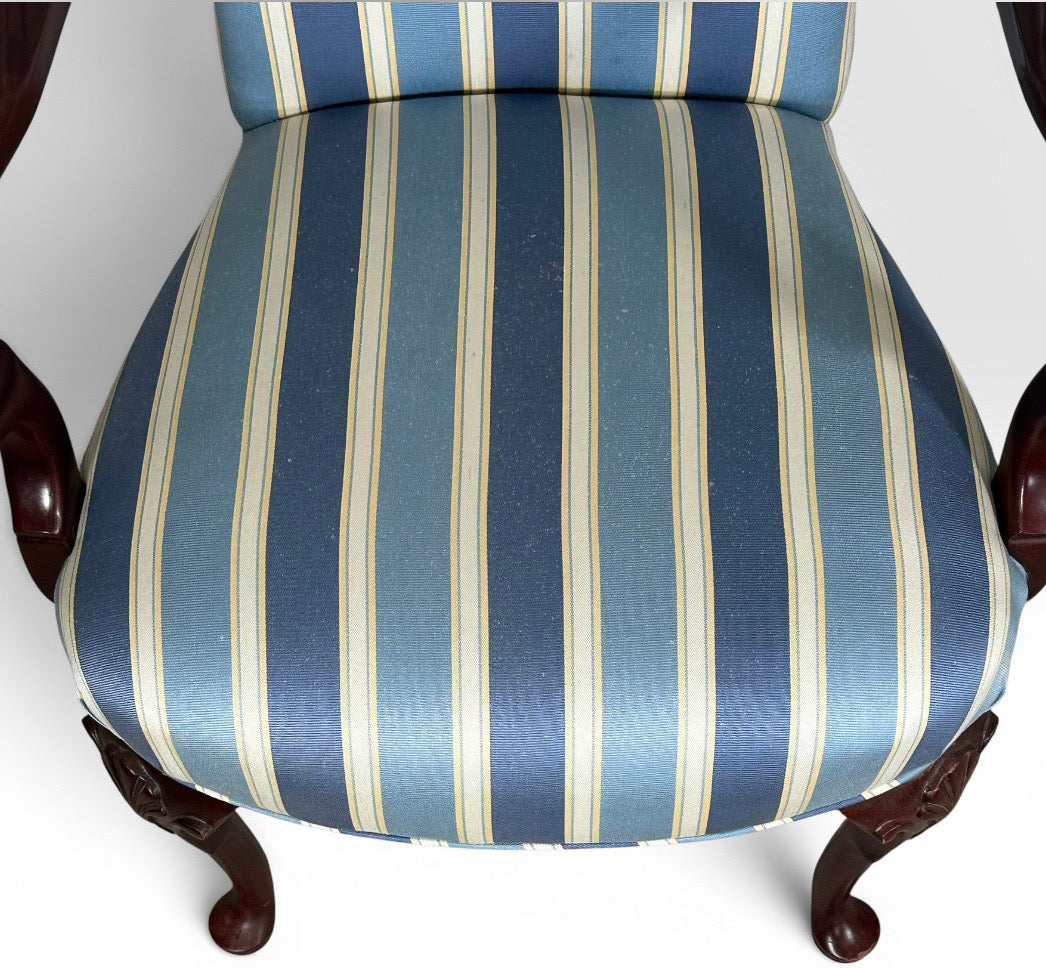 Pair of Vintage Upholstered Queen Anne Style Striped Armchairs With Shell Carving