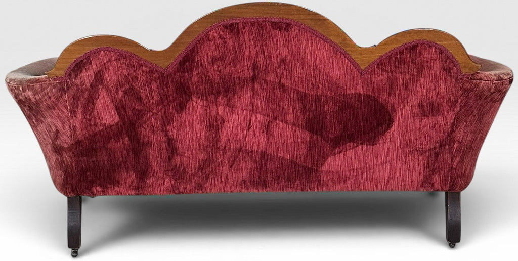 Antique Victorian Carved Walnut Triple Back Cranberry Velvet Settee