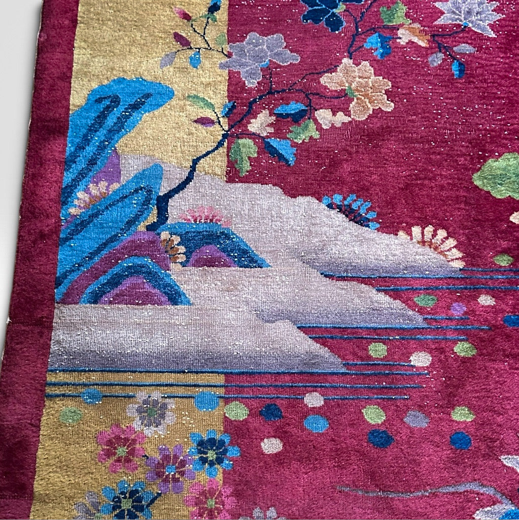 Antique 1920s Chinese Art Deco Pictorial Room Size Rug With Dragon Boat and Pagoda Motif