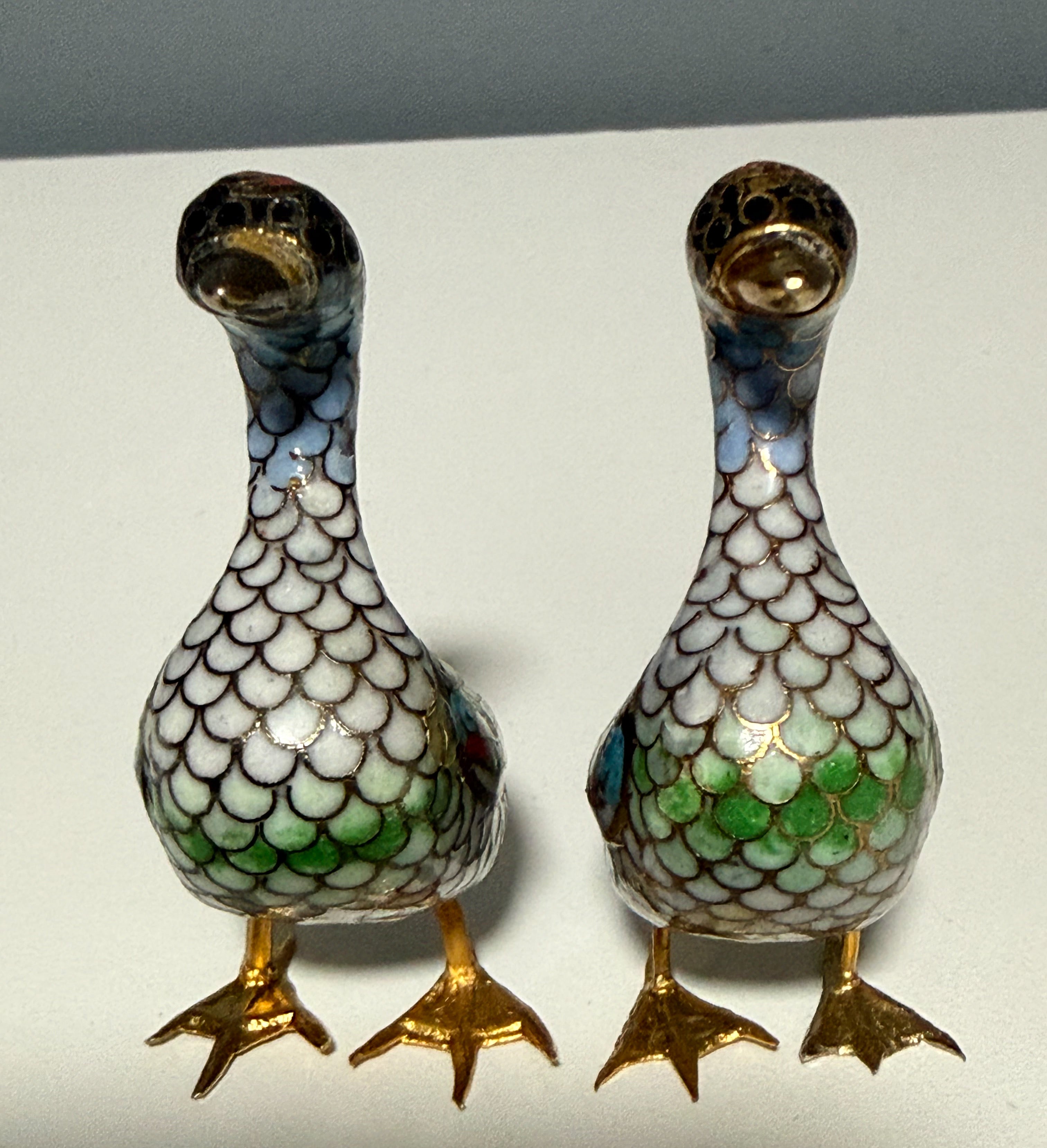 Vintage Hand-Wired Chinese Cloisonne Duck Pair Polychrome Enamel