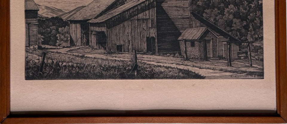 Vintage Luigi Lucioni Hand-Signed Fine Art Etching New England Regionalist Landscape Weathered Vermont Barn Custom Framed
