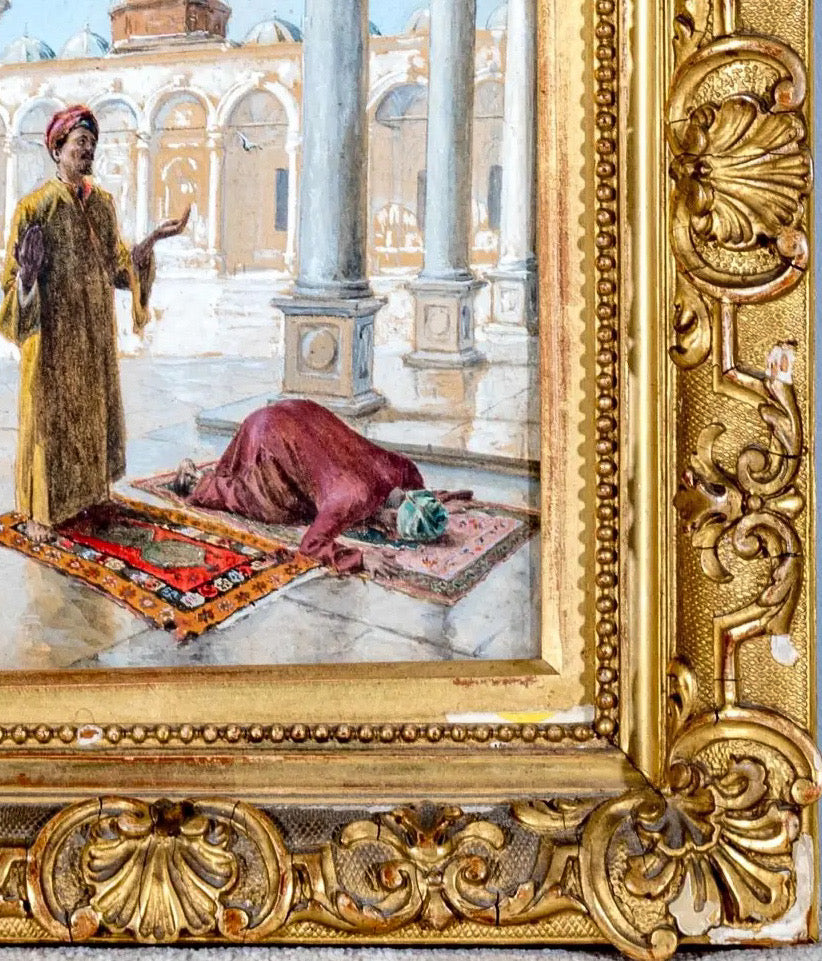 Antique 19th Century Orientalist Gouache Painting - Prayer at the Alabaster Mosque, Cairo - Signed Alphons Mielich