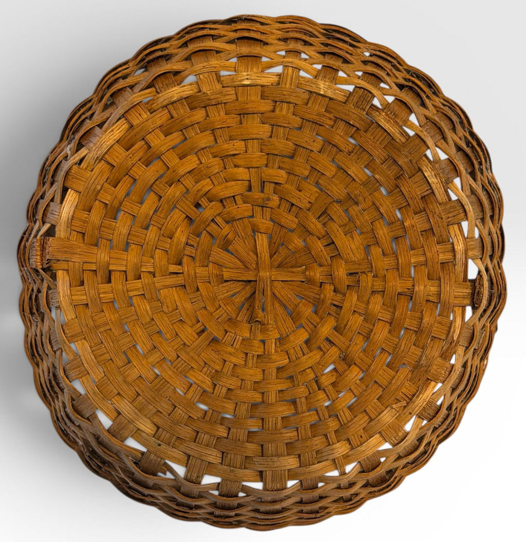 Large Antique American Split Hickory Gathering Basket With Bentwood Handle