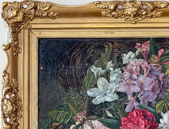 Antique 19th Century British School Oil on Canvas Floral Still Life Painting