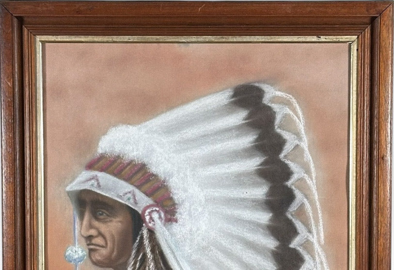 Original Vintage 1978 Western Fine Art Native American Indian Chief Red Cloud Framed Pastel Portrait Drawing