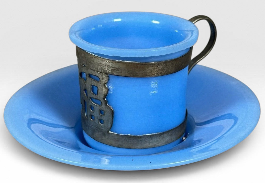 Antique Chinese Export Cornflower Blue Peking Glass Demitasse Service Fourteen Piece Set