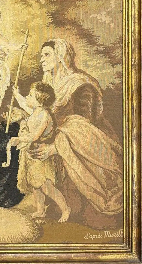 Large Vintage Woven Tapestry "The Holy Family with a Little Bird" After Murillo