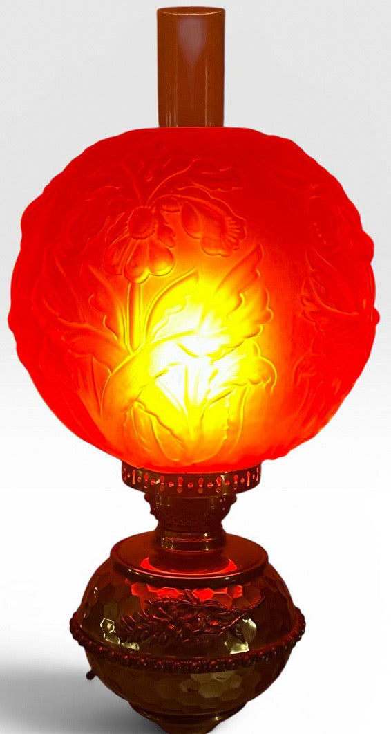 Victorian Brass and Red Satin Glass Griffin Piano Floor Lamp