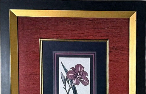Vintage Framed Stylized Red Lily Botanical Lithograph Prints Pair