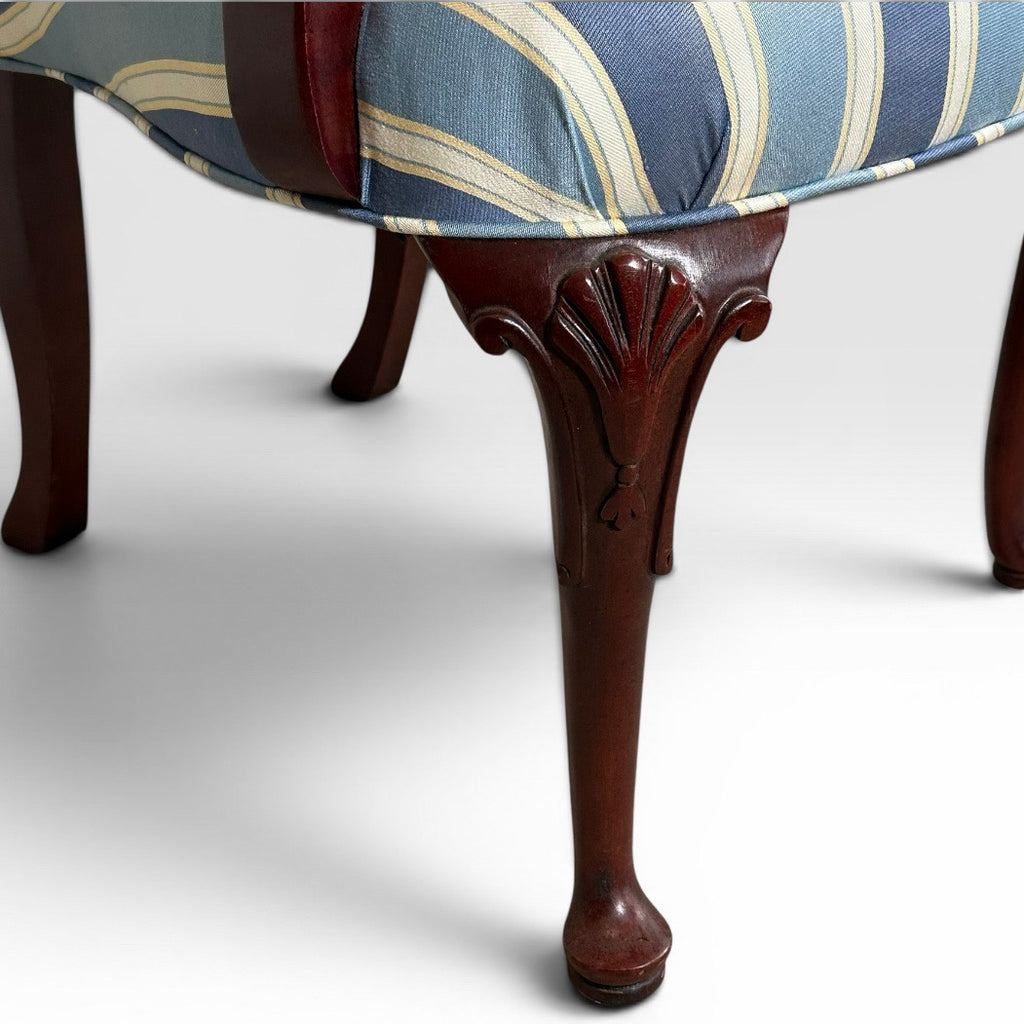 Pair of Vintage Upholstered Queen Anne Style Striped Armchairs With Shell Carving