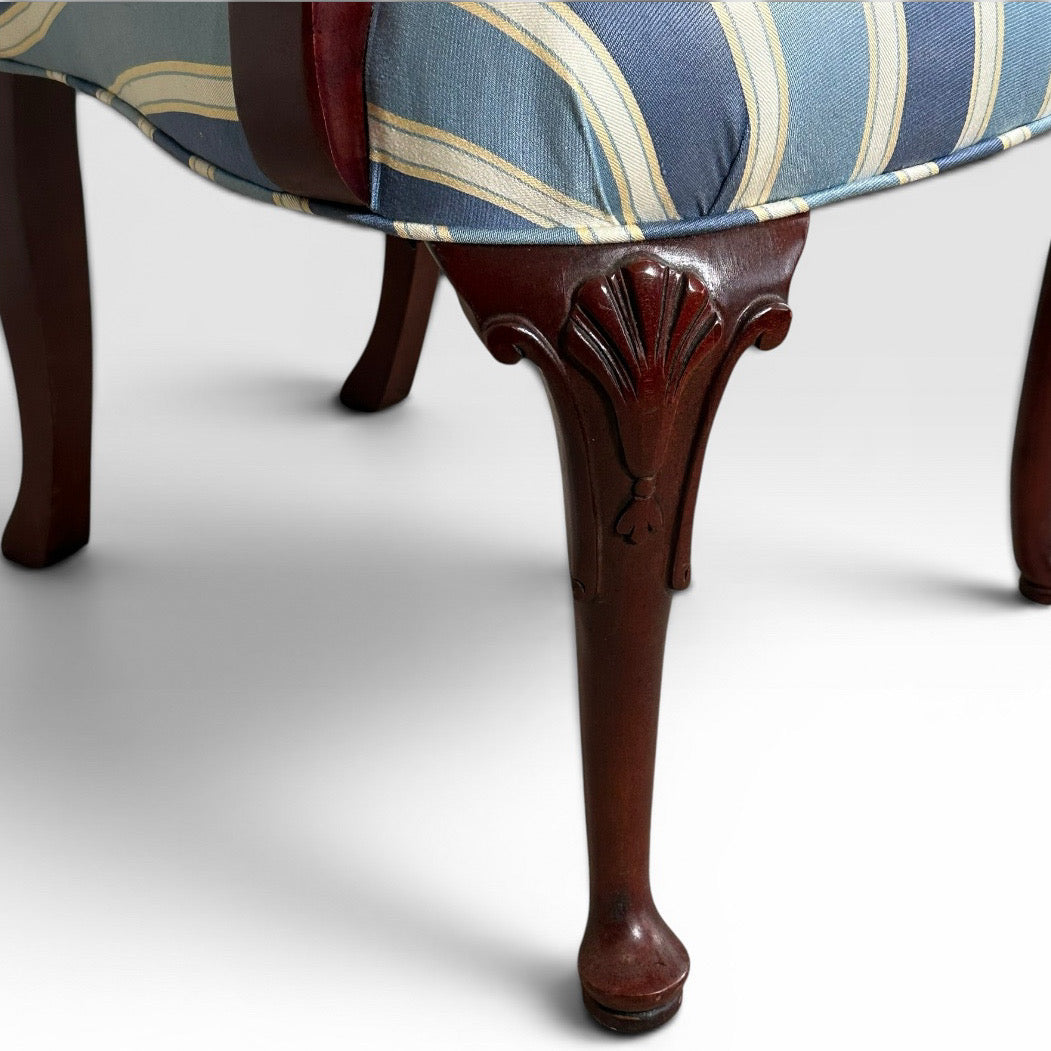 Pair of Vintage Upholstered Queen Anne Style Striped Armchairs With Shell Carving
