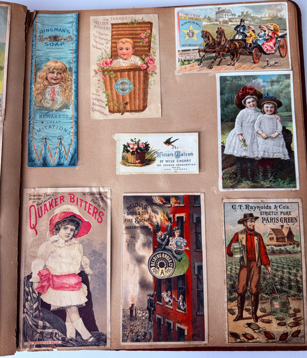 Rare 1880s Victorian Trade Card Album - Merchant’s Gargling Oil BASEBALL Set - Black Americana - Patent Medicine - Peacock Cover