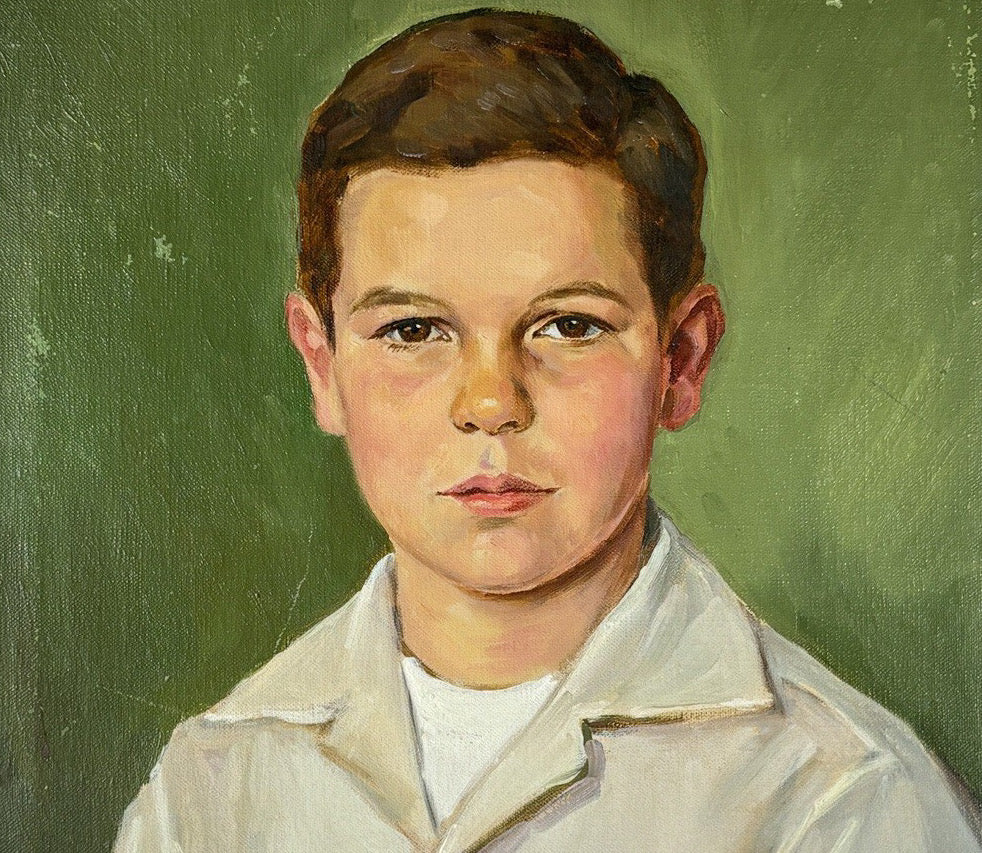 1954 Signed Tsune Kato Tokyo Oil Portrait of a Boy, Mid-Century Modern Japanese Academic Realism, Post-War Art, Sage Green Wall Decor