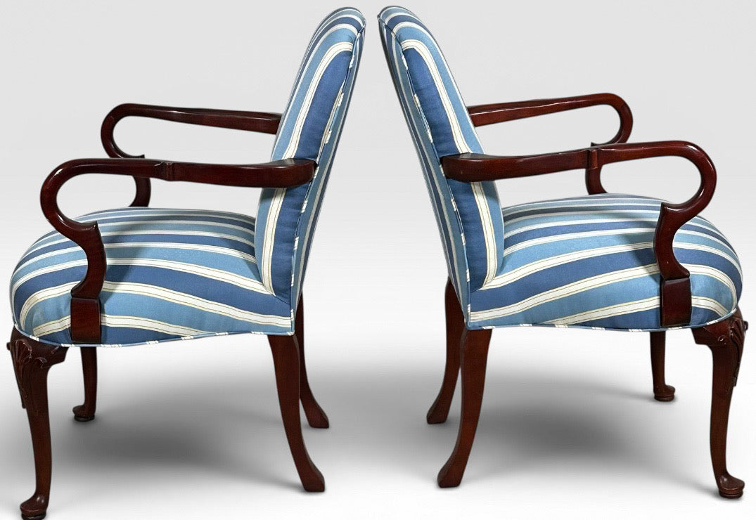 Pair of Vintage Upholstered Queen Anne Style Striped Armchairs With Shell Carving