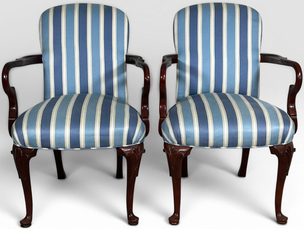 Pair of Vintage Upholstered Queen Anne Style Striped Armchairs With Shell Carving