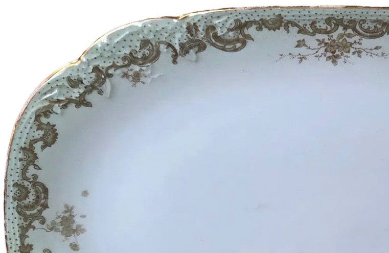 Antique Elite Works Limoges Large 13.5” Serving Platter - Celadon Dot & Gilded Scrolls