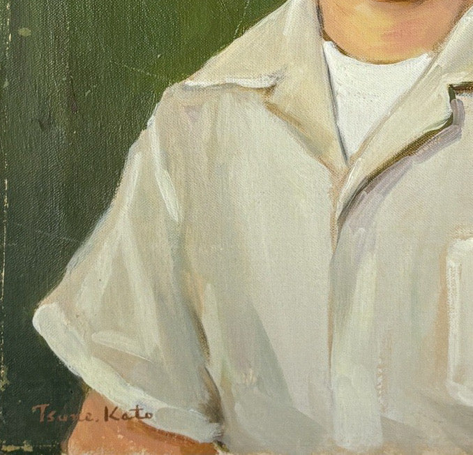1954 Signed Tsune Kato Tokyo Oil Portrait of a Boy, Mid-Century Modern Japanese Academic Realism, Post-War Art, Sage Green Wall Decor