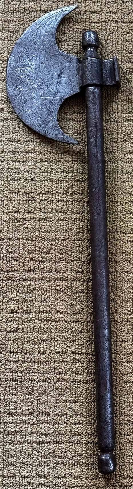 19th Century Persian Qajar Hand-Forged Iron Tabar Axe & Horned Gorz Mace - Set of 2