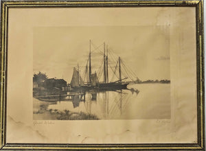 Antique Nineteenth Century Nautical Lithograph Quiet Waters by C. H. Harris Framed