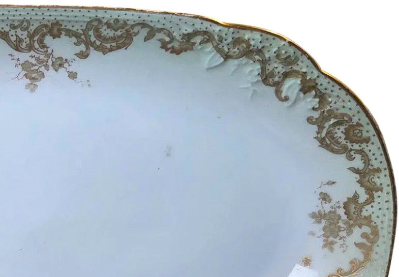 Antique Elite Works Limoges 11.5" Serving Platter - Gilded Scrolls & Celadon Dot Border