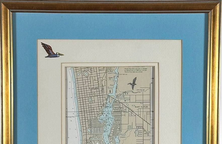 Vintage Ruth James Hand-Painted Pelican and Naples, Florida, Nautical Map Art