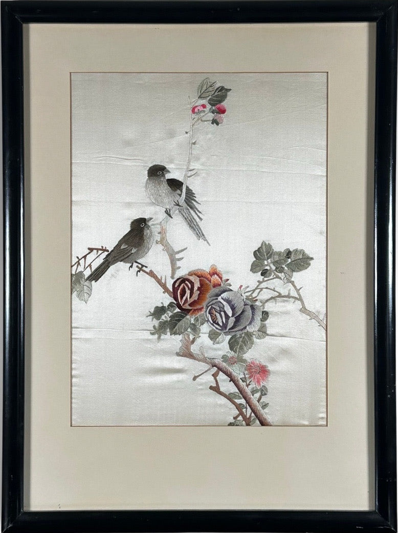 Vintage Framed Chinese Silk Embroidery Panels Birds and Flowers Huaniao Art Pair