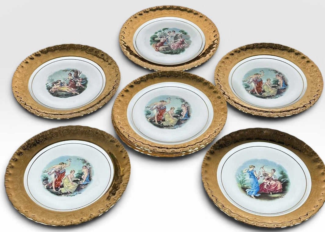 Vintage Manhattan Ware Crest of Gold Romantic Mythological Pastoral Scene Plates Set of Eight