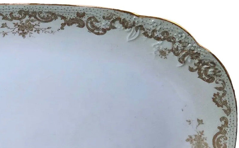 Antique Elite Works Limoges Large 13.5” Serving Platter - Celadon Dot & Gilded Scrolls