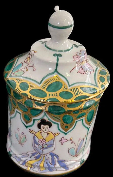 Vintage Sherle Wagner Italian Hand-Painted Chinoiserie 4-Piece Vanity Set - Malachite Green & 24K Gold - Rare Recessed TP Holder