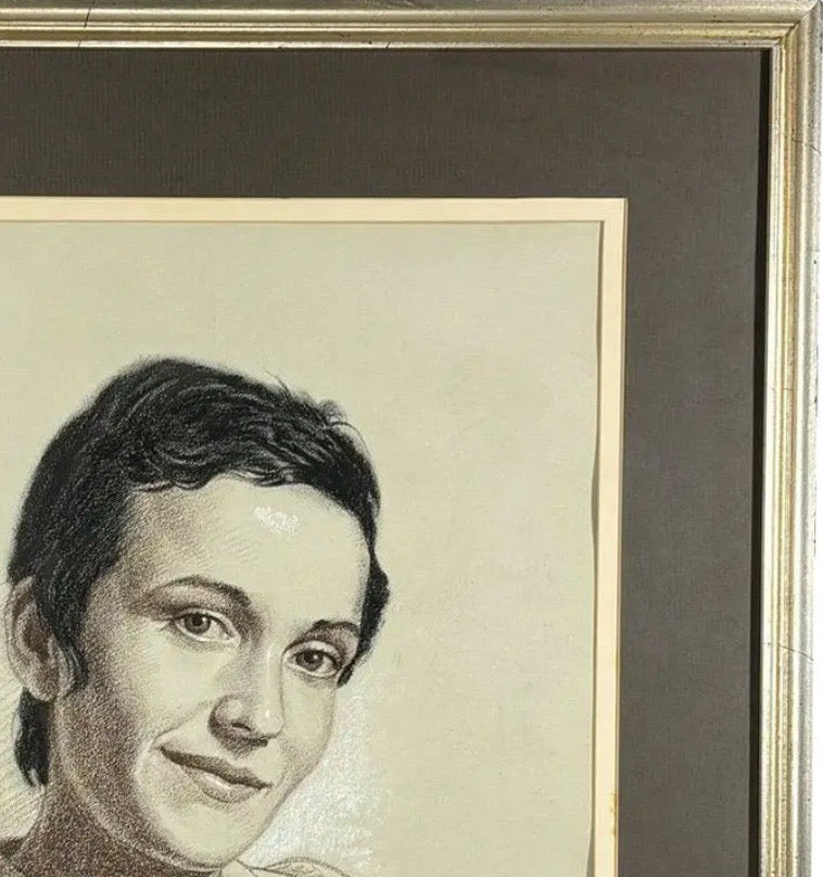 Woodi Ishmael Signed 1971 Charcoal and Pastel Portrait of a Woman