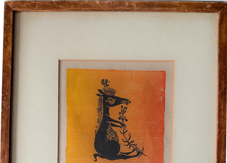 Vintage Helen Siegl Hand-Signed Fine Art Woodcut Print Rangoroo Mid Century Modern Folk Art Whimsical Animal Custom Framed
