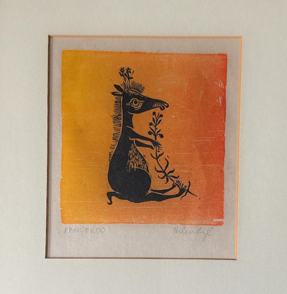 Vintage Helen Siegl Hand-Signed Fine Art Woodcut Print Rangoroo Mid Century Modern Folk Art Whimsical Animal Custom Framed