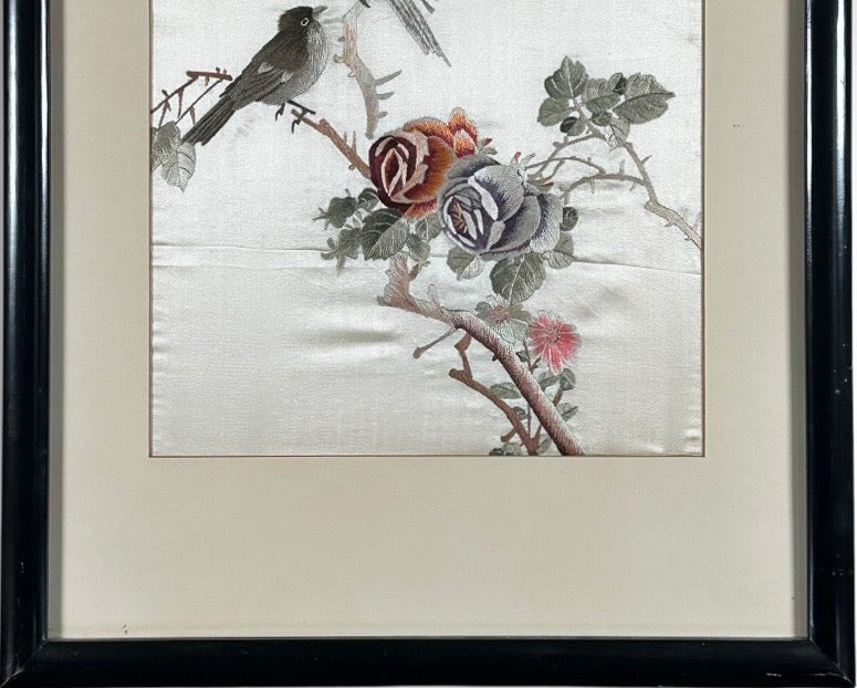 Vintage Framed Chinese Silk Embroidery Panels Birds and Flowers Huaniao Art Pair