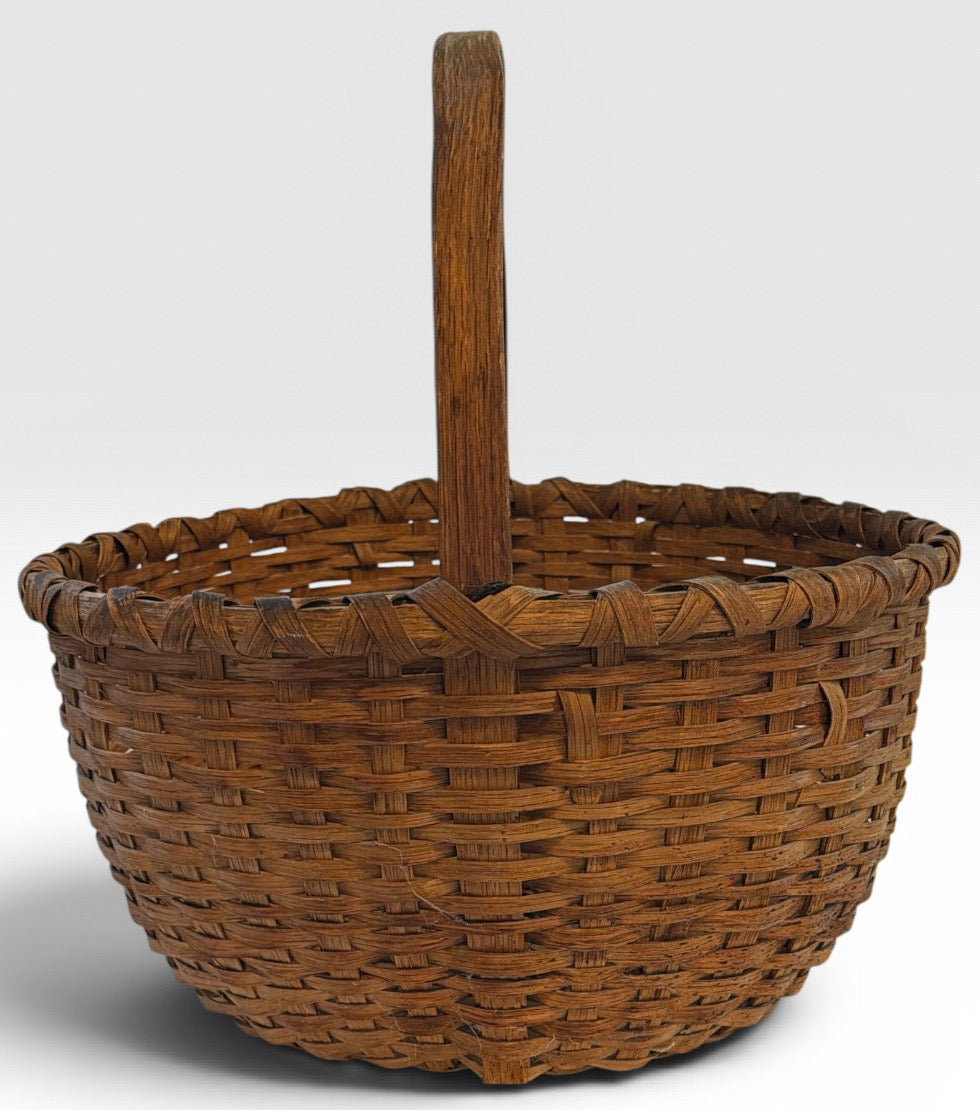 Large Antique American Split Hickory Gathering Basket With Bentwood Handle