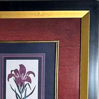 Vintage Framed Stylized Red Lily Botanical Lithograph Prints Pair