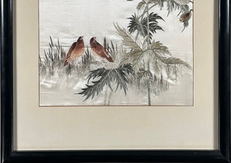 Vintage Framed Chinese Silk Embroidery Panels Birds and Flowers Huaniao Art Pair