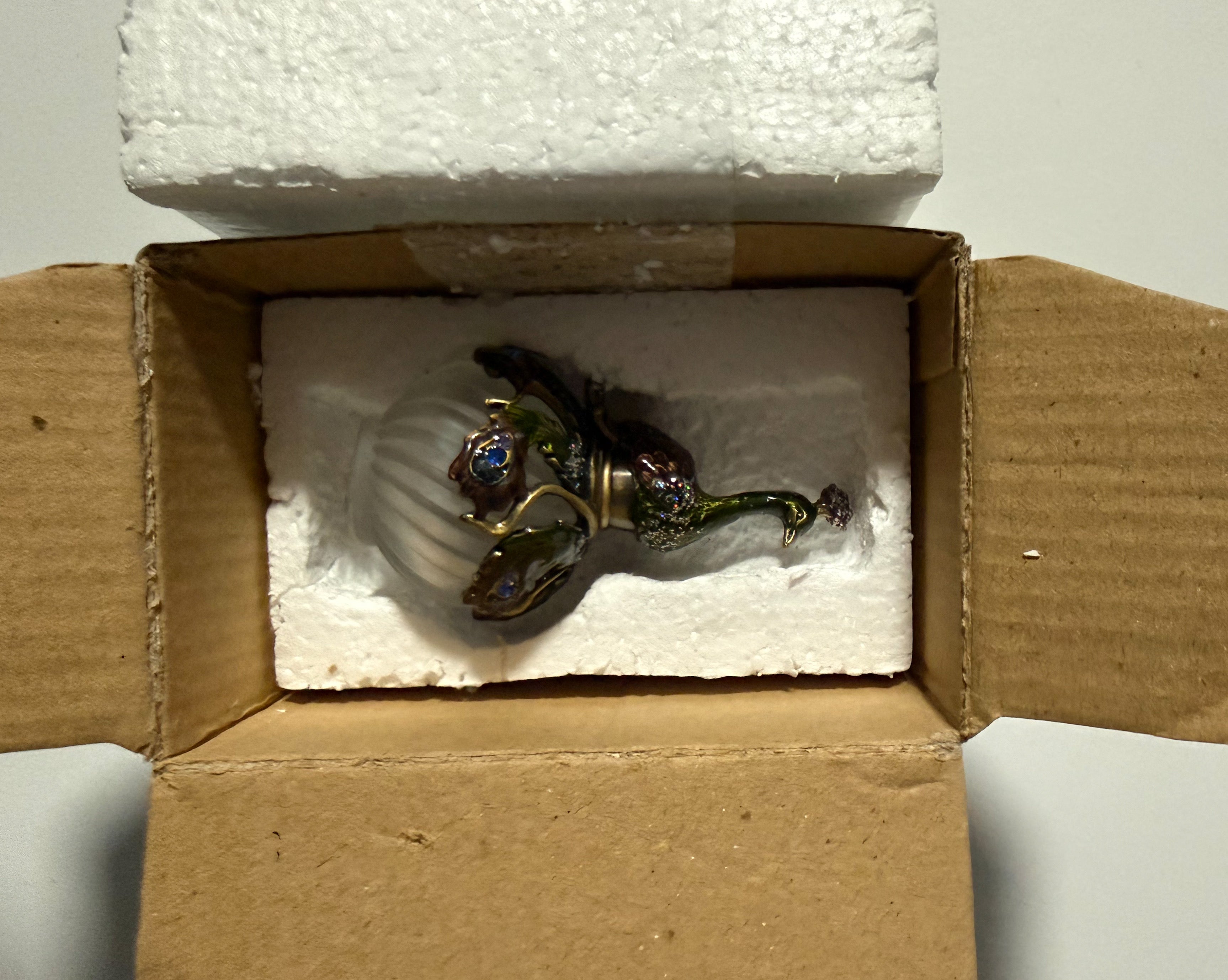 2006 Fitz and Floyd Guild Jeweled Peacock Perfume Bottle Frosted Glass