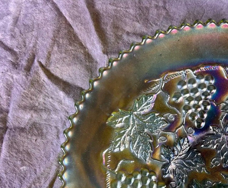 Signed Antique Northwood "Grape and Cable" Green Carnival Glass Plate