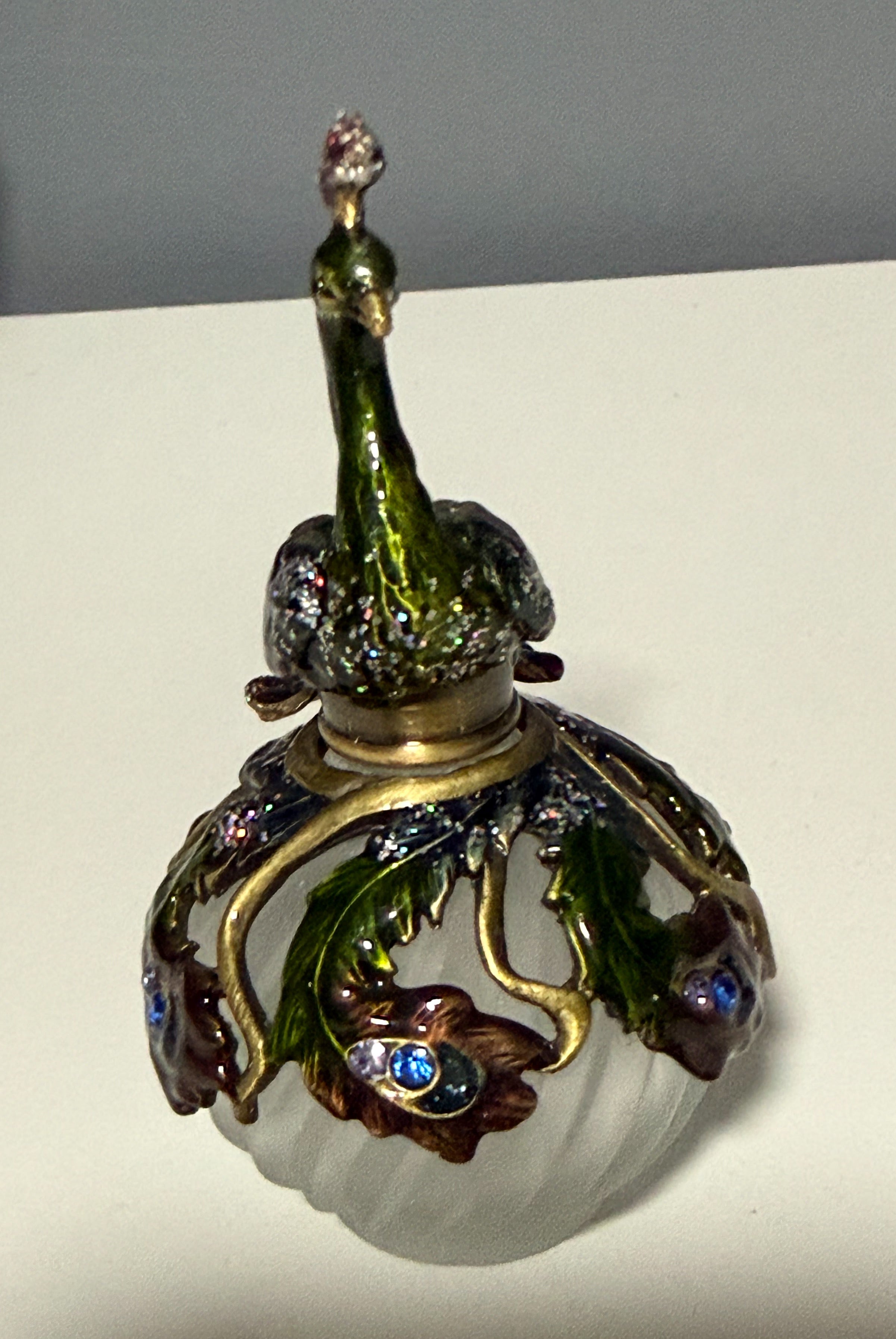 2006 Fitz and Floyd Guild Jeweled Peacock Perfume Bottle Frosted Glass