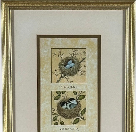 Vintage Nancy J Shumaker Pallan Bird Beginnings Seasonal Framed Prints Pair