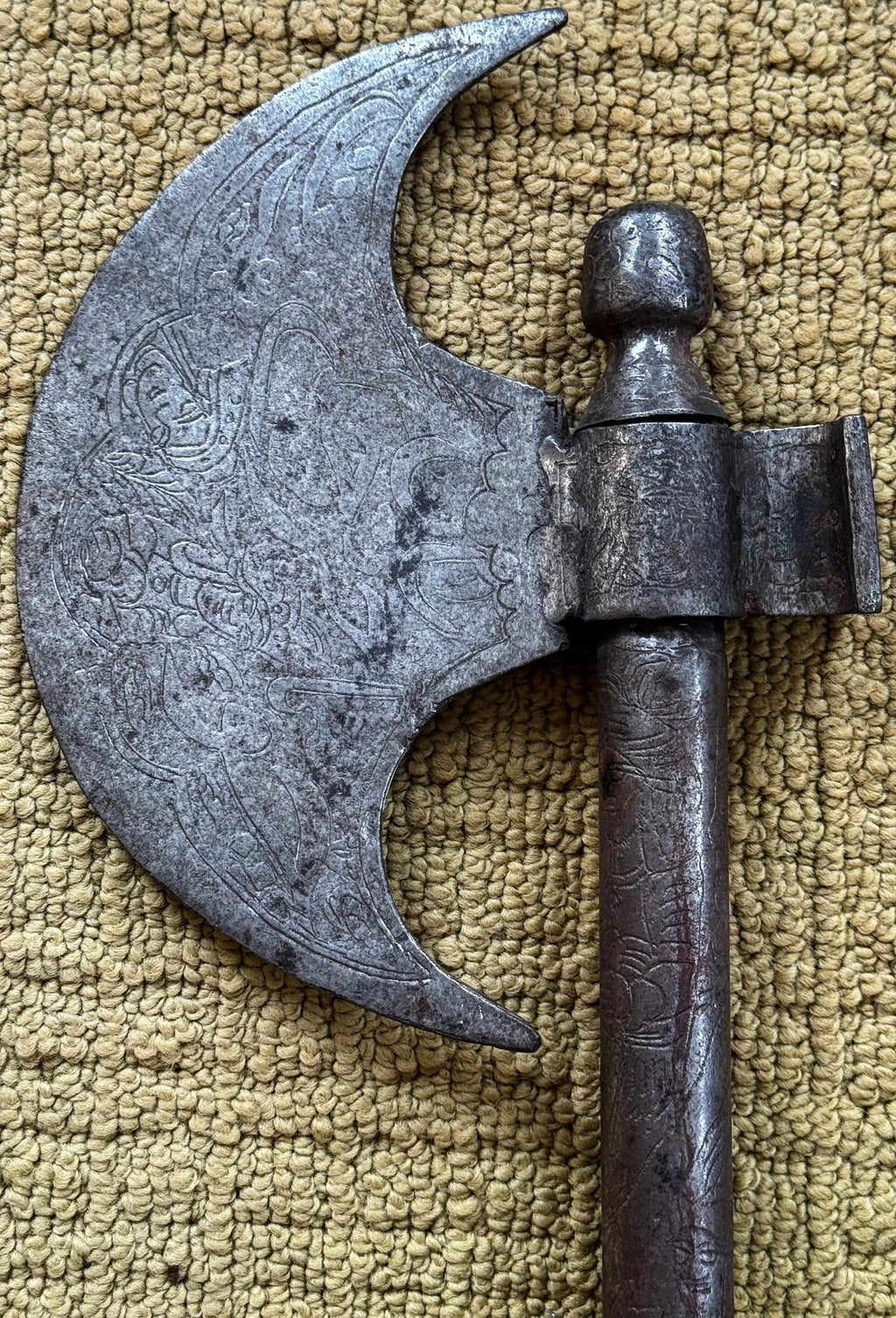 19th Century Persian Qajar Hand-Forged Iron Tabar Axe & Horned Gorz Mace - Set of 2