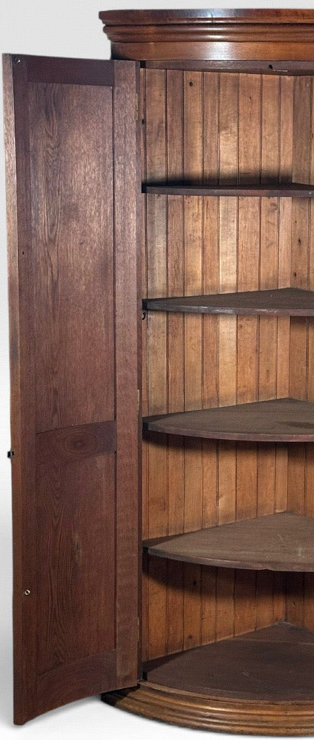 Antique Nineteenth Century American Country Pine Curved Bow Front Corner Cupboard Cabinet