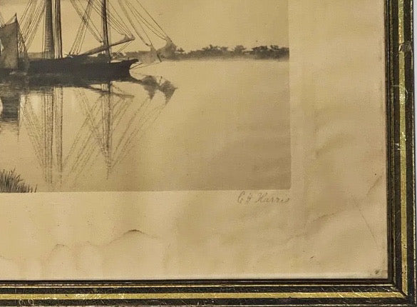 Antique Nineteenth Century Nautical Lithograph Quiet Waters by C. H. Harris Framed