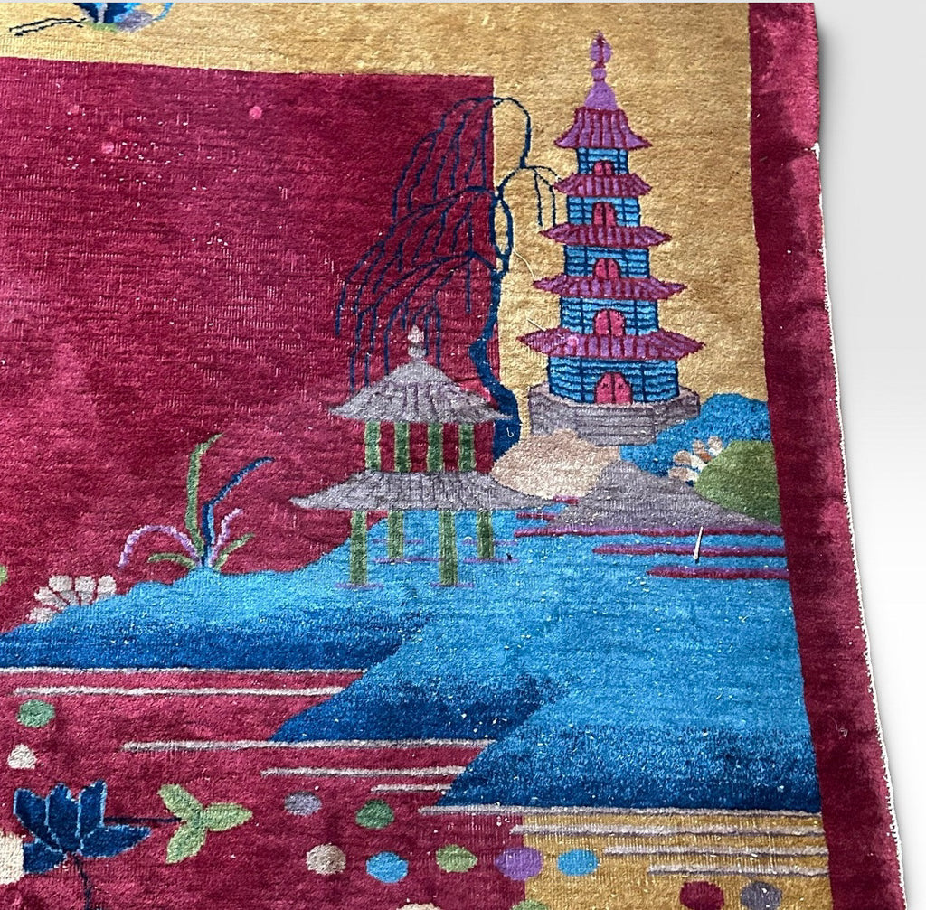 Antique 1920s Chinese Art Deco Pictorial Room Size Rug With Dragon Boat and Pagoda Motif