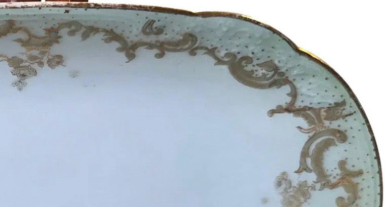 Antique Elite Works Limoges 8.5" Relish Dish - Gilded Scrolls & Celadon Dot Border
