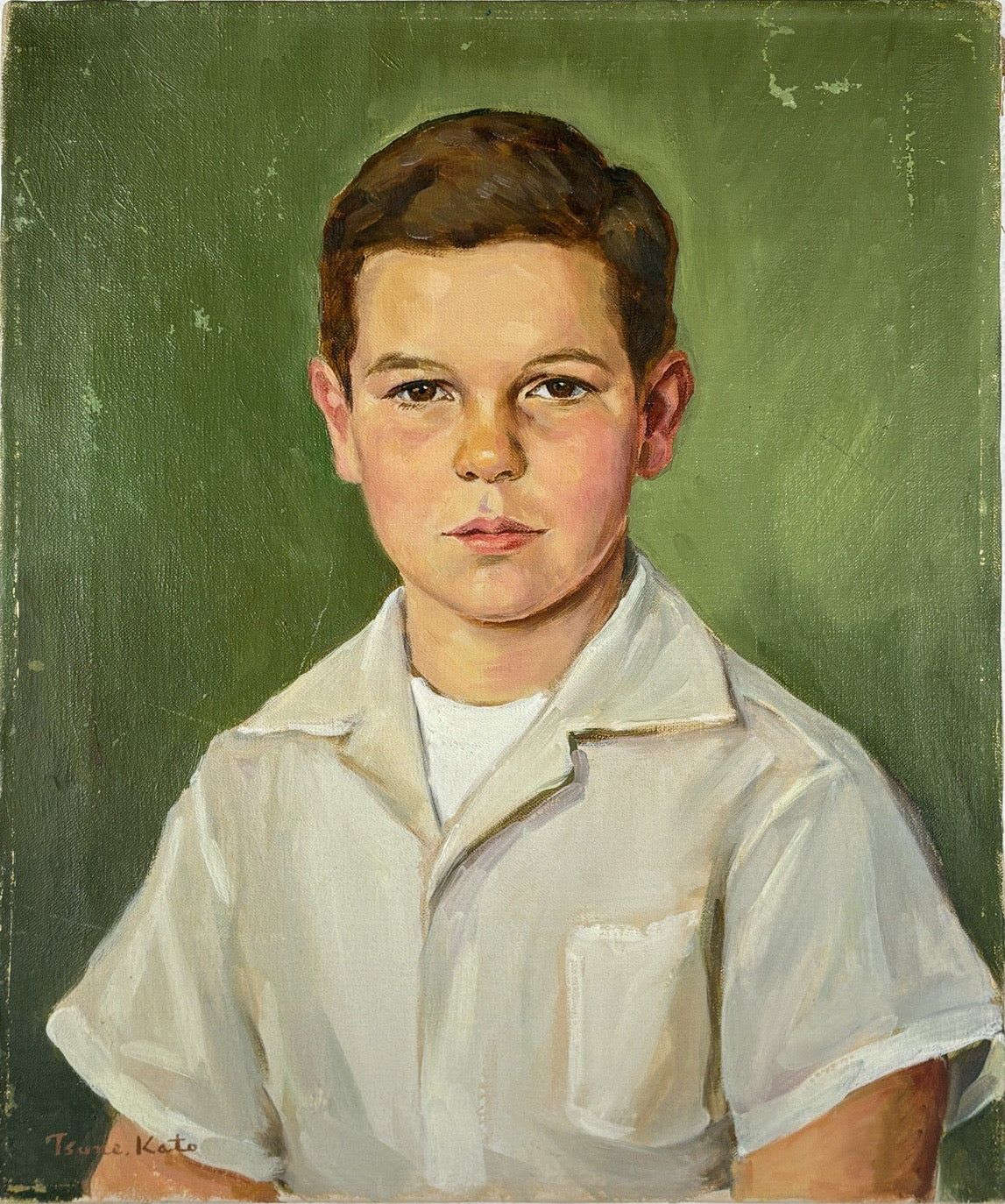 1954 Signed Tsune Kato Tokyo Oil Portrait of a Boy, Mid-Century Modern Japanese Academic Realism, Post-War Art, Sage Green Wall Decor