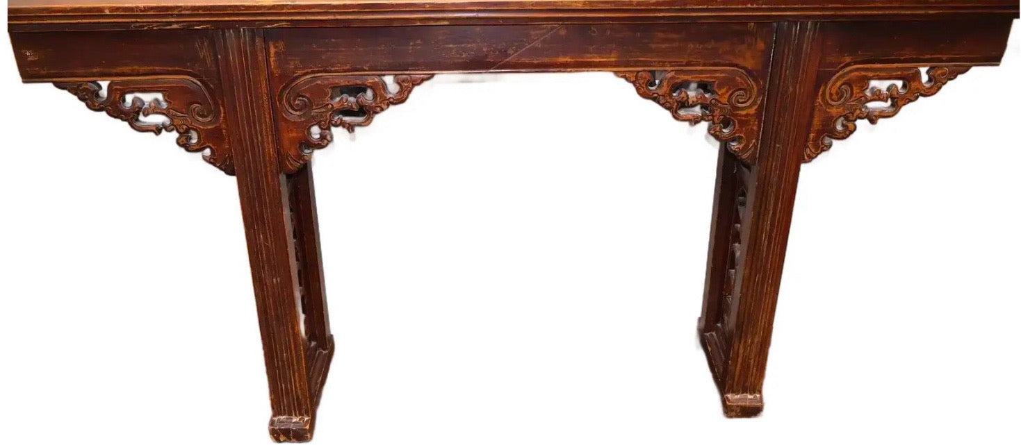 67” 19th Century Antique Chinese Qing Dynasty Dragon Altar Table Solid Elmwood Long Console