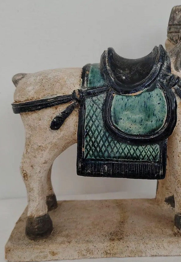 Antique 16th Century Chinese Ming Dynasty Glazed Pottery Horse and Groom - Rare Cobalt Blue and Turquoise Mingqi