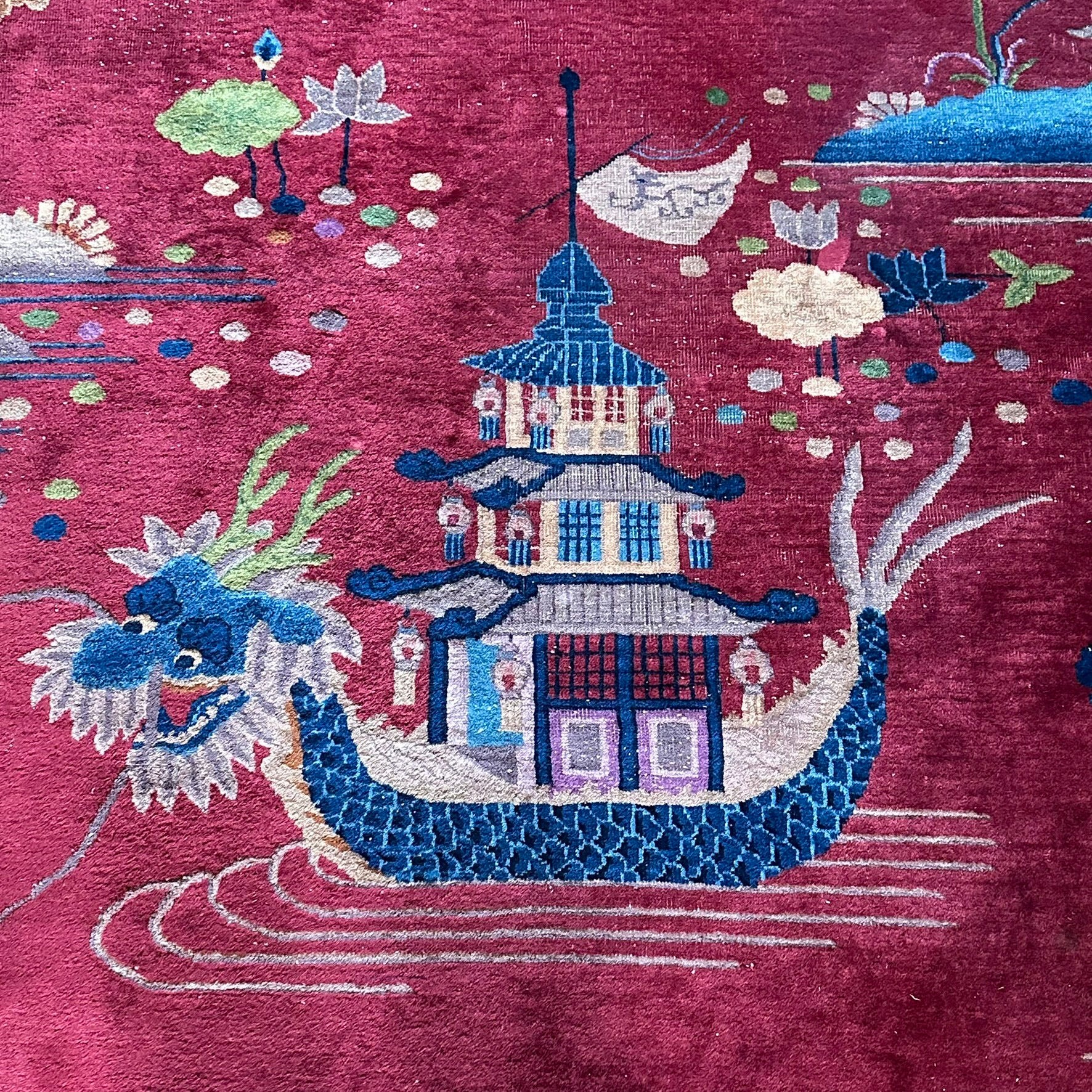 Antique 1920s Chinese Art Deco Pictorial Room Size Rug With Dragon Boat and Pagoda Motif